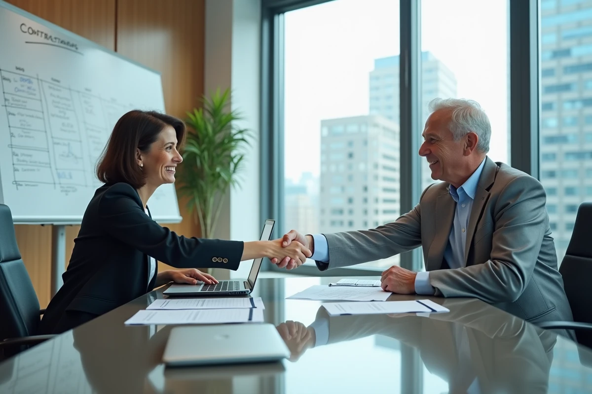 Handshake entre un candidat senior et un employeur après la signature d'un CDI avec clauses négociées