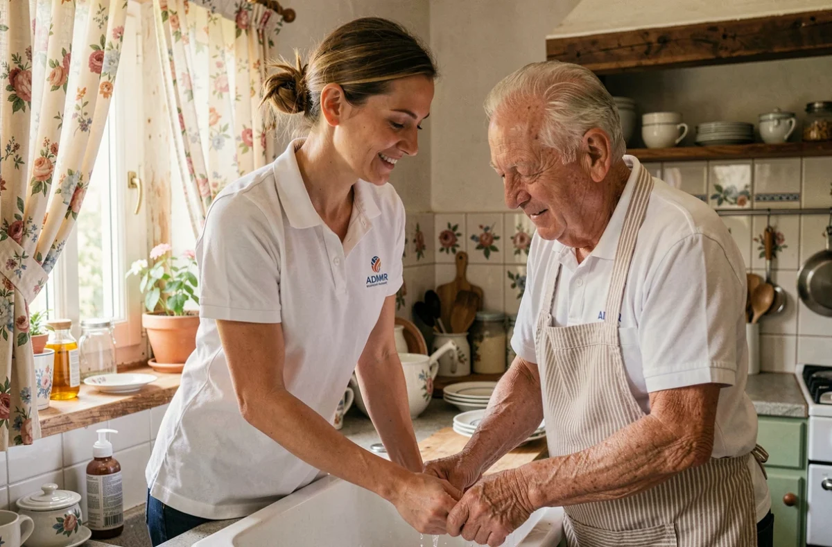 Intervenante ADMR Côte-d'Or aidant un senior à domicile dans une cuisine rurale bourguignonne