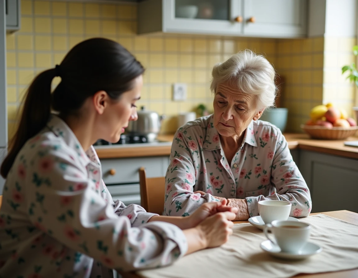 Aidante observant une femme âgée s'endormir à table, évoquant la somnolence diurne et la dépendance croissante
