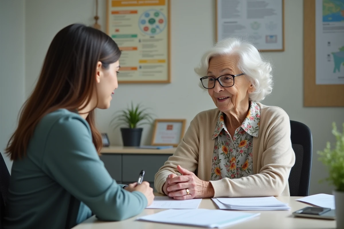 Une femme âgée discutant avec une assistante sociale au bureau