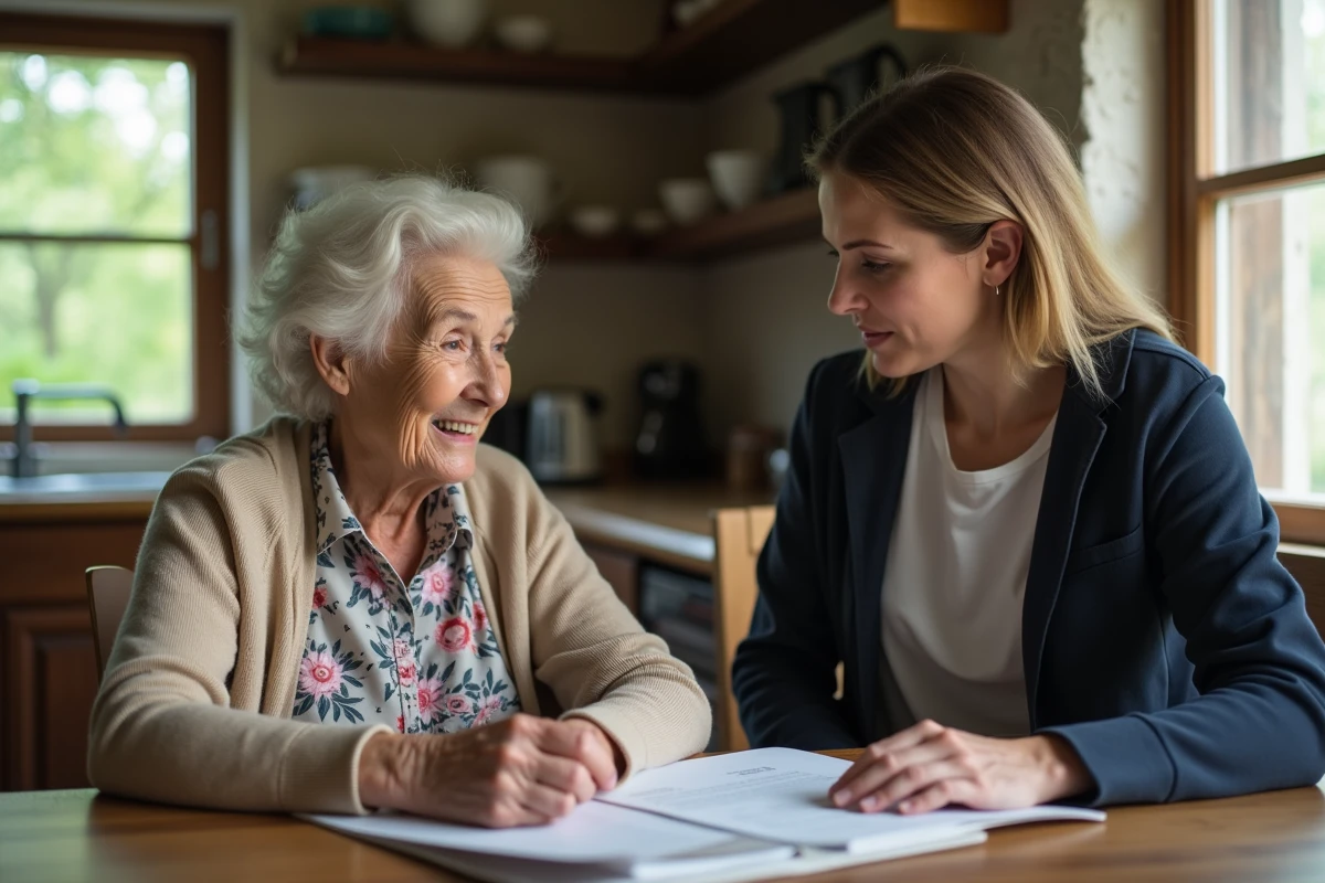 Femme âgée avec assistante sociale dans une cuisine chaleureuse