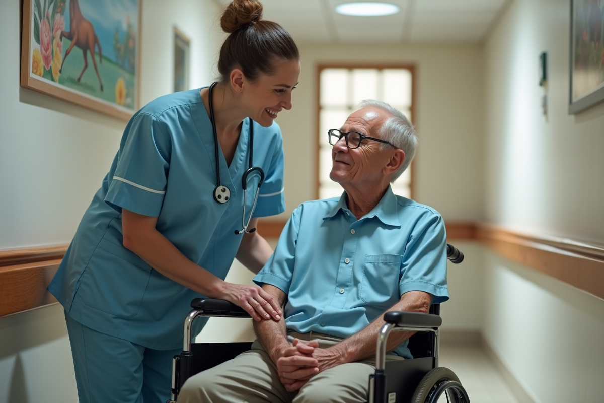 Aide-soignant aidant un homme age en fauteuil dans un couloir