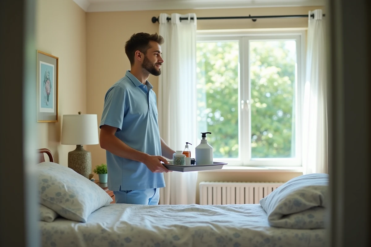 Aide à domicile préparant des soins dans une chambre lumineuse
