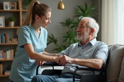 Aide à domicile aidant une personne âgée dans un salon chaleureux