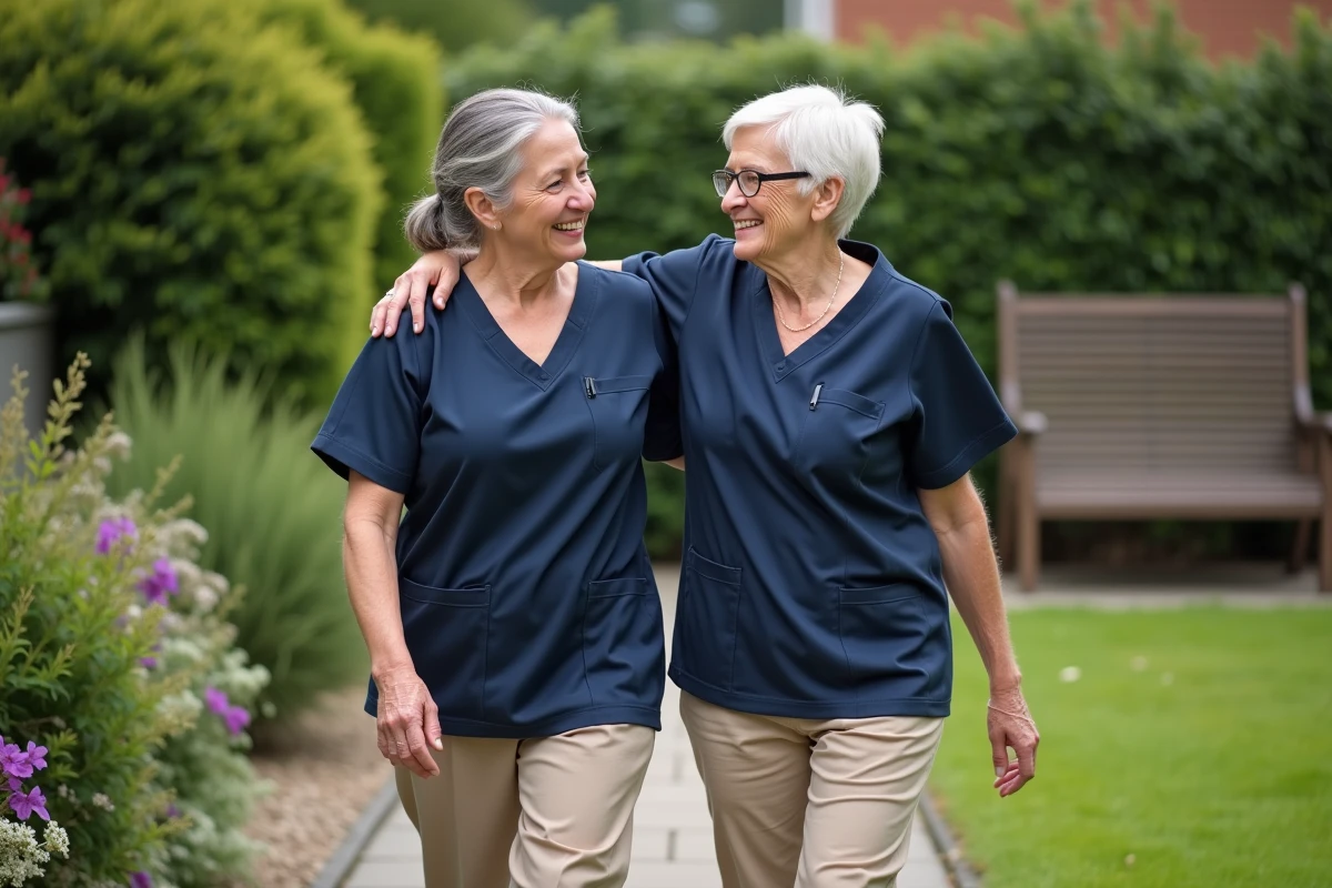Aide soignante soutenant un senior dans le jardin