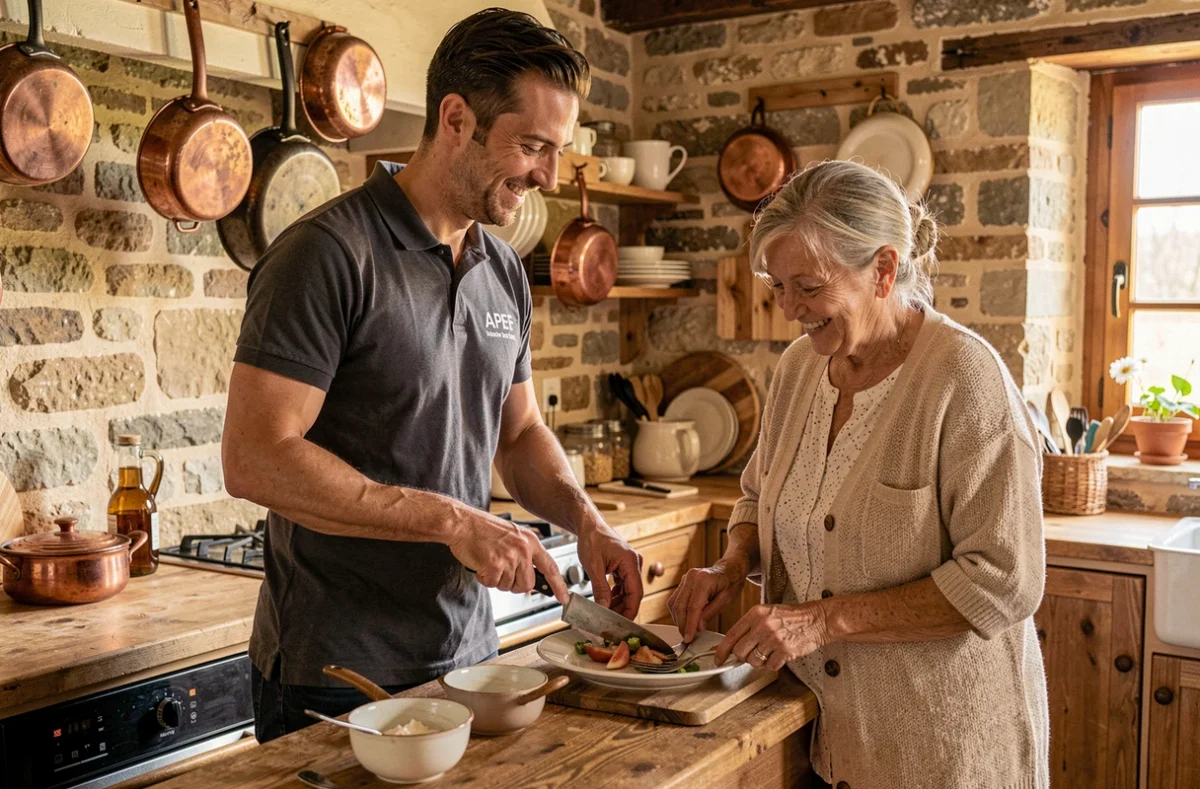 Un salarié APEF Services Narbonne accompagne une dame âgée dans la préparation d'un repas dans une cuisine en pierre