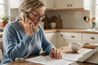 Femme senior en train d'appeler la CNAV pour une réclamation retraite, entourée de documents administratifs sur une table de cuisine