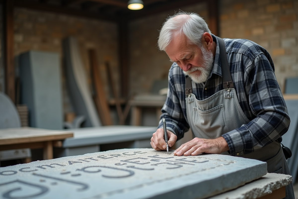 Artisan gravant une inscription sur une stèle en atelier