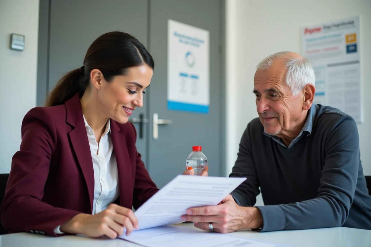 Assistante sociale accompagnant un retraité dans ses démarches pour l'augmentation de sa pension d'invalidité en avril 2026
