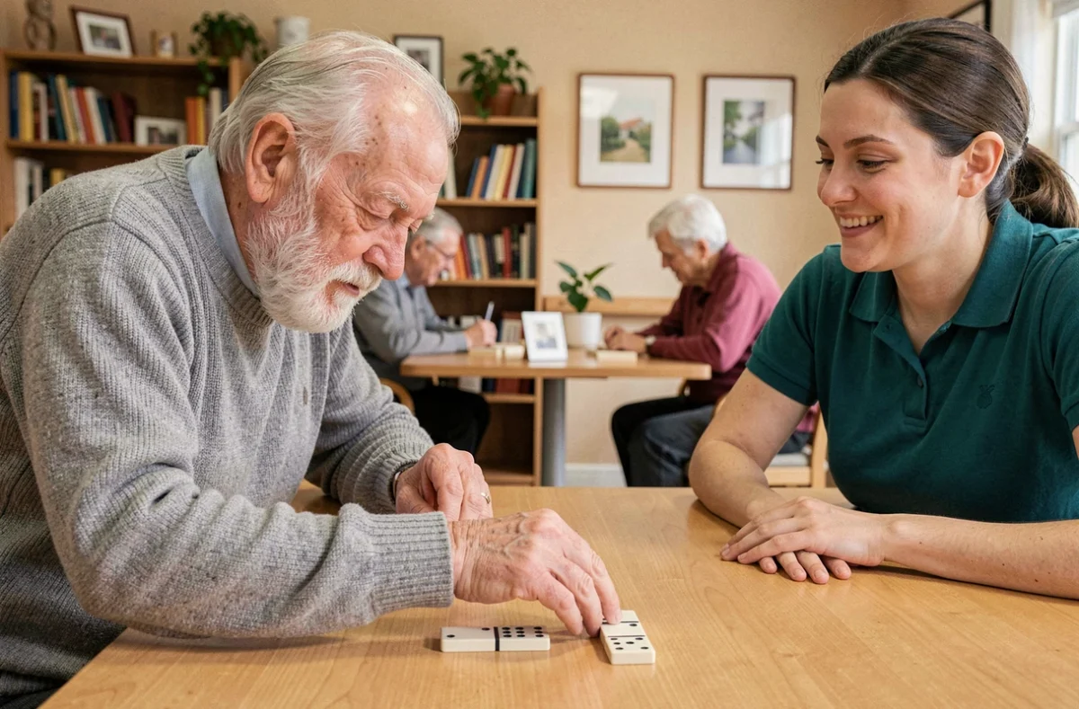 Senior concentré posant une pièce de domino lors d'un atelier ludique animé par une bénévole dans une maison de retraite
