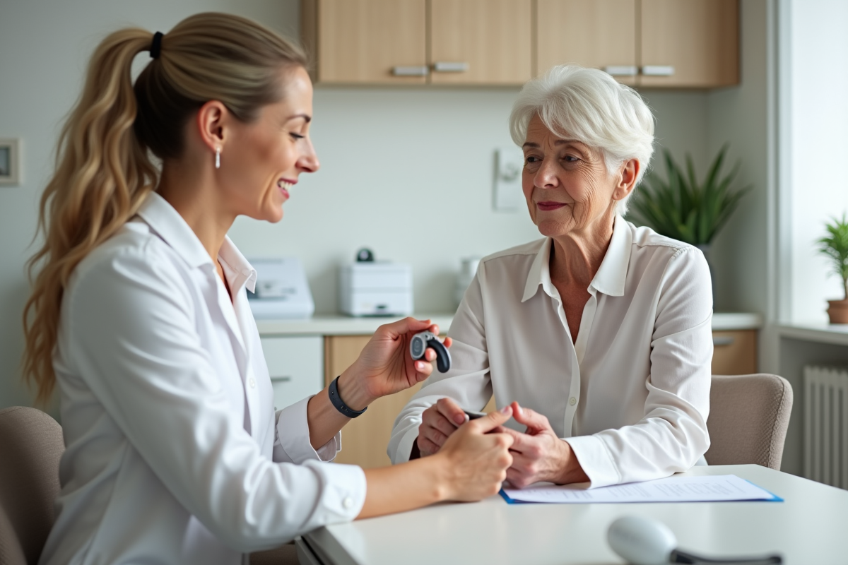 Audiologiste présentant un appareil auditif à une cliente âgée