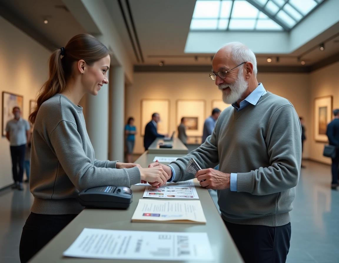 Retraité présentant sa carte senior au guichet d'un musée pour bénéficier d'une réduction culturelle