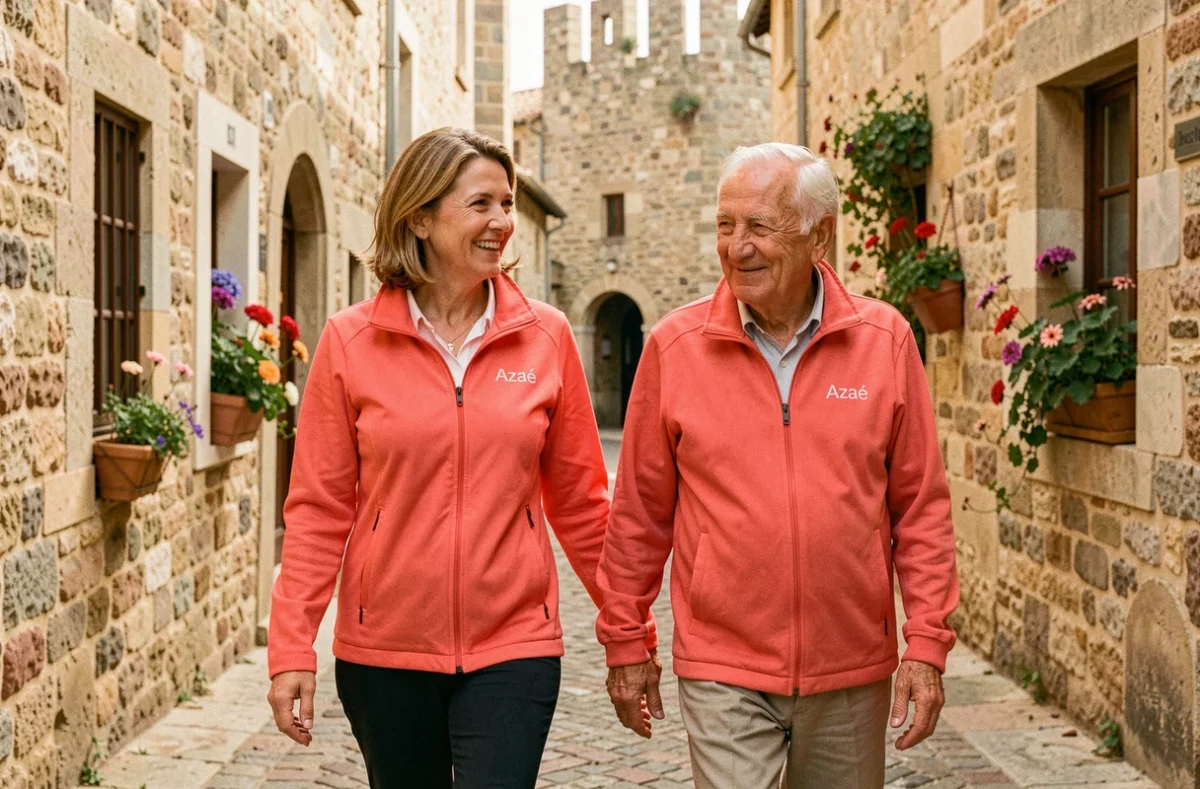 Une intervenante Azaé Carcassonne accompagne un senior lors d'une promenade dans les rues de Carcassonne