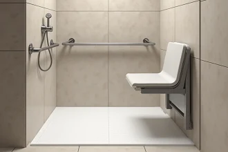 Baignoire PMR avec barres d'appui, revêtement antidérapant et siège de douche dans une salle de bain accessible moderne