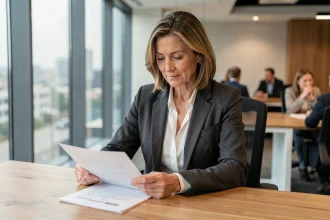 Cadre expérimentée de 55 ans révisant son CV dans un bureau moderne et lumineux, illustrant la valorisation du profil senior en emploi