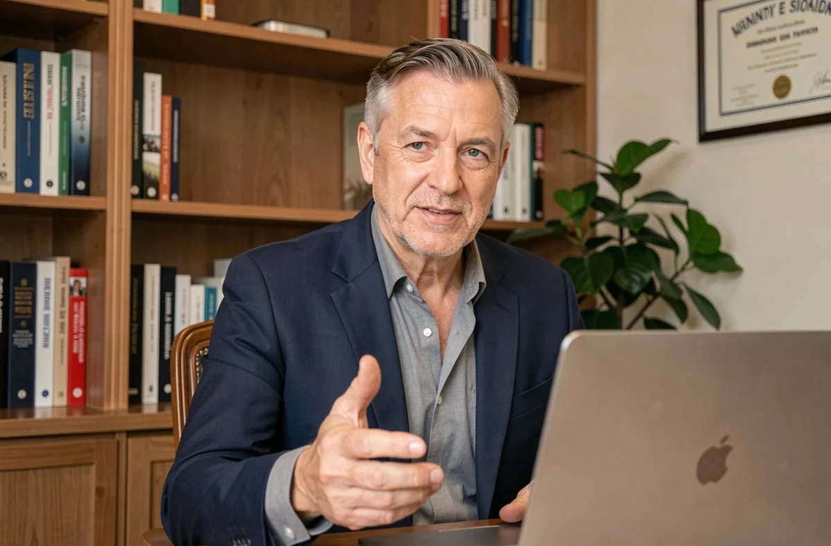 Cadre senior masculin en entretien vidéo professionnel depuis son bureau à domicile, symbolisant la recherche d'emploi active pour les profils expérimentés