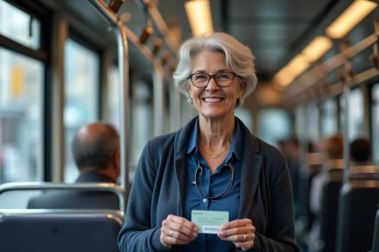 Femme senior souriante utilisant sa carte avantage retraite pour monter dans un tramway urbain moderne