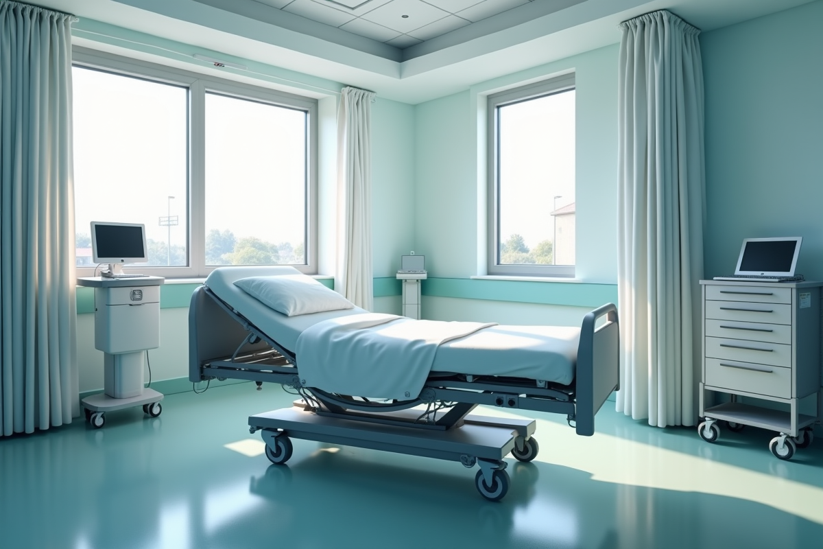 Chambre d'hôpital moderne avec lit médical et grande fenetre