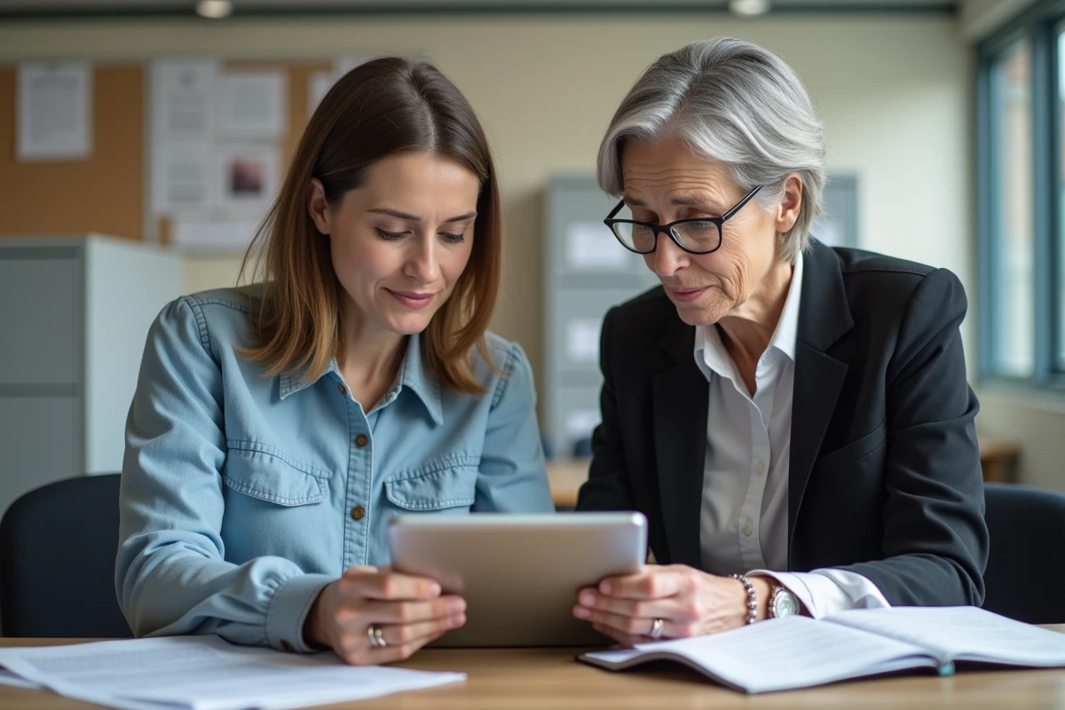 Deux professionnelles d'une association tutélaire collaborant sur des dossiers administratifs numériques et papier au bureau