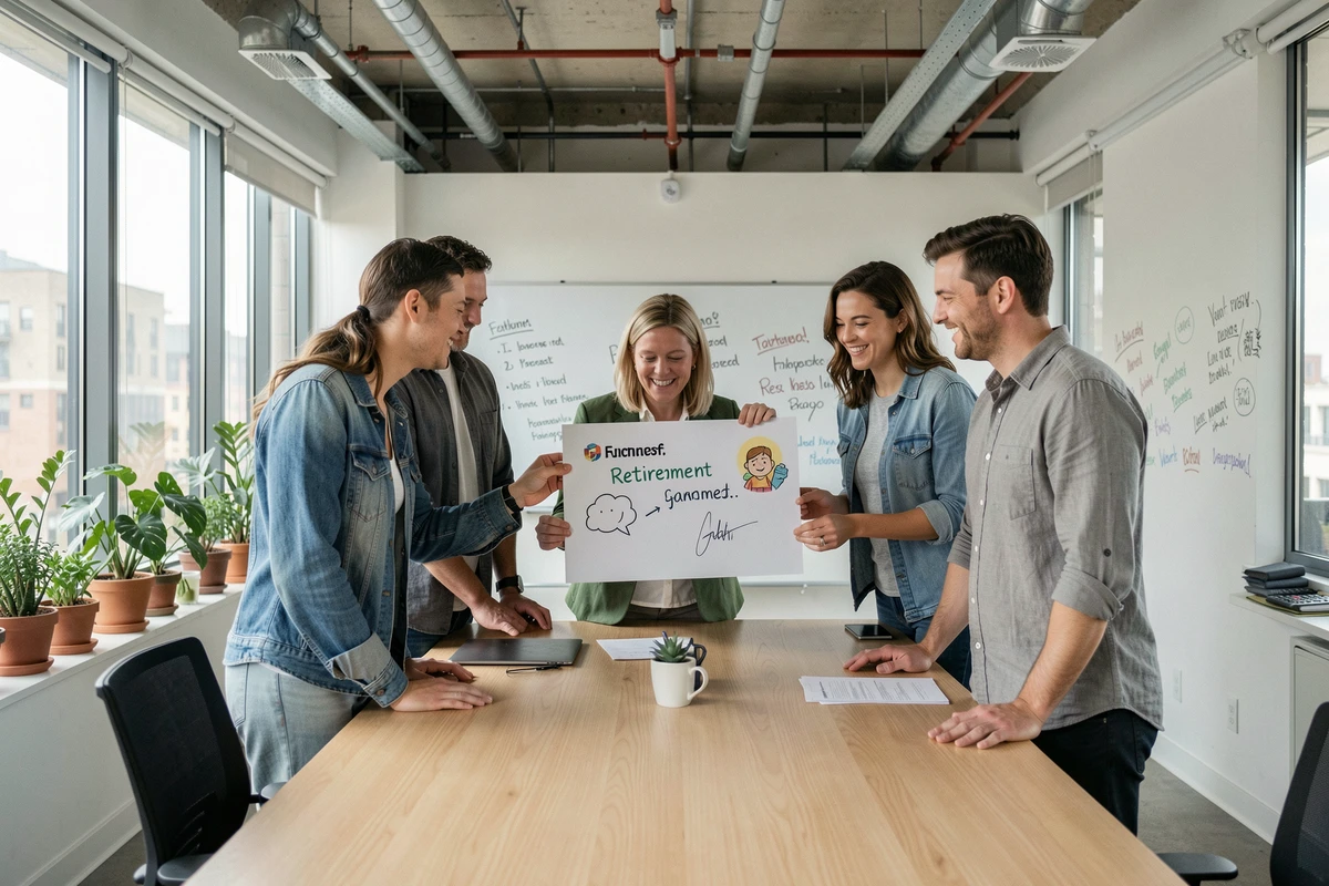 Groupe de collègues signant une grande carte humoristique de départ en retraite dans un espace de coworking moderne