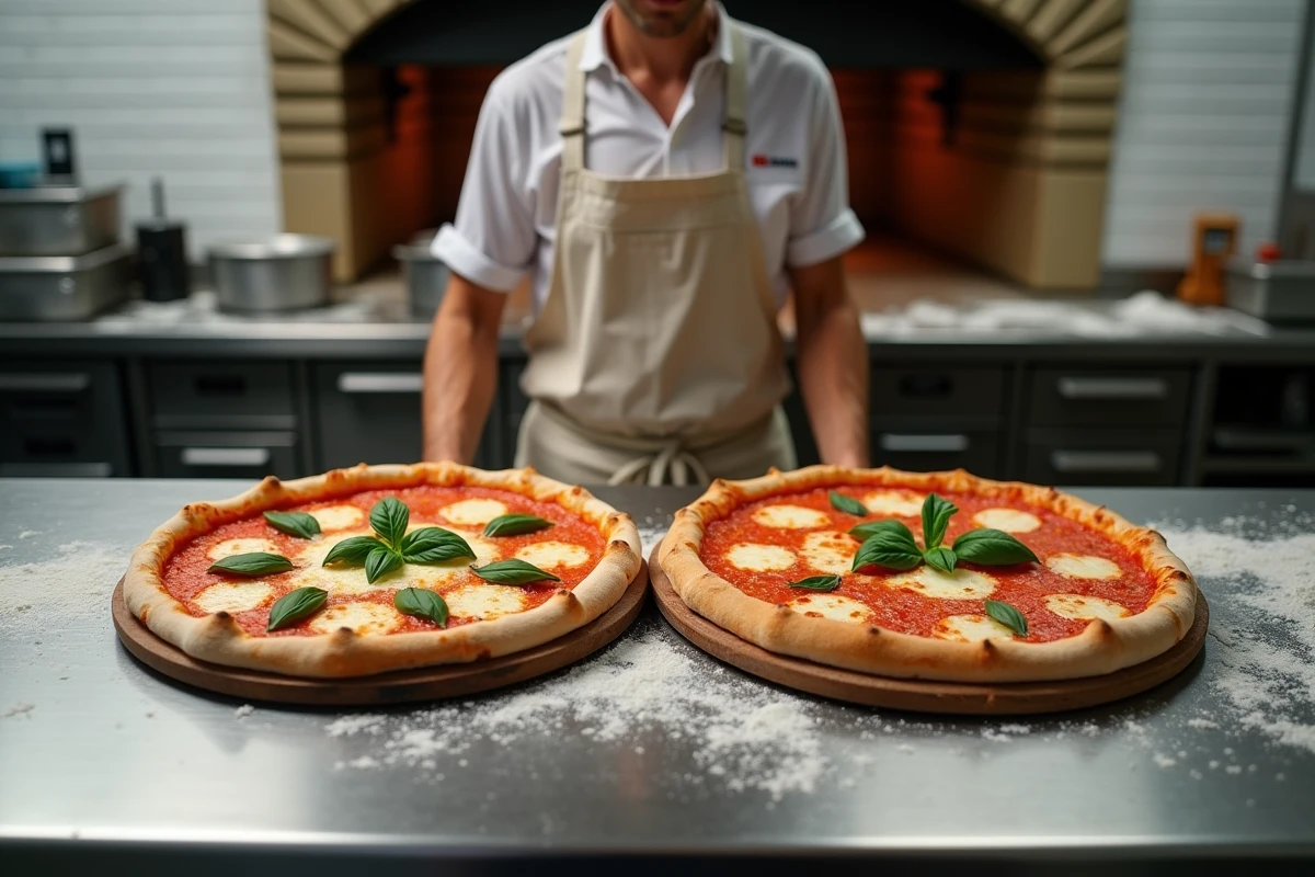 Comparaison entre une pizza taille senior et une pizza familiale dans une cuisine de pizzeria professionnelle