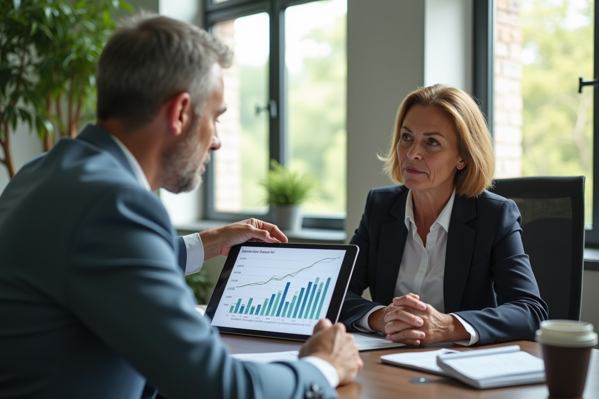 Conseiller financier montrant un graphique à une senior