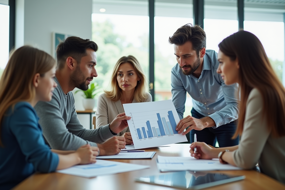 Conseiller financier montrant un graphique à une famille dans un bureau moderne