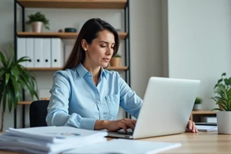Conseillère administrative d'une association tutélaire travaillant sur un logiciel de gestion numérique dans un bureau organisé