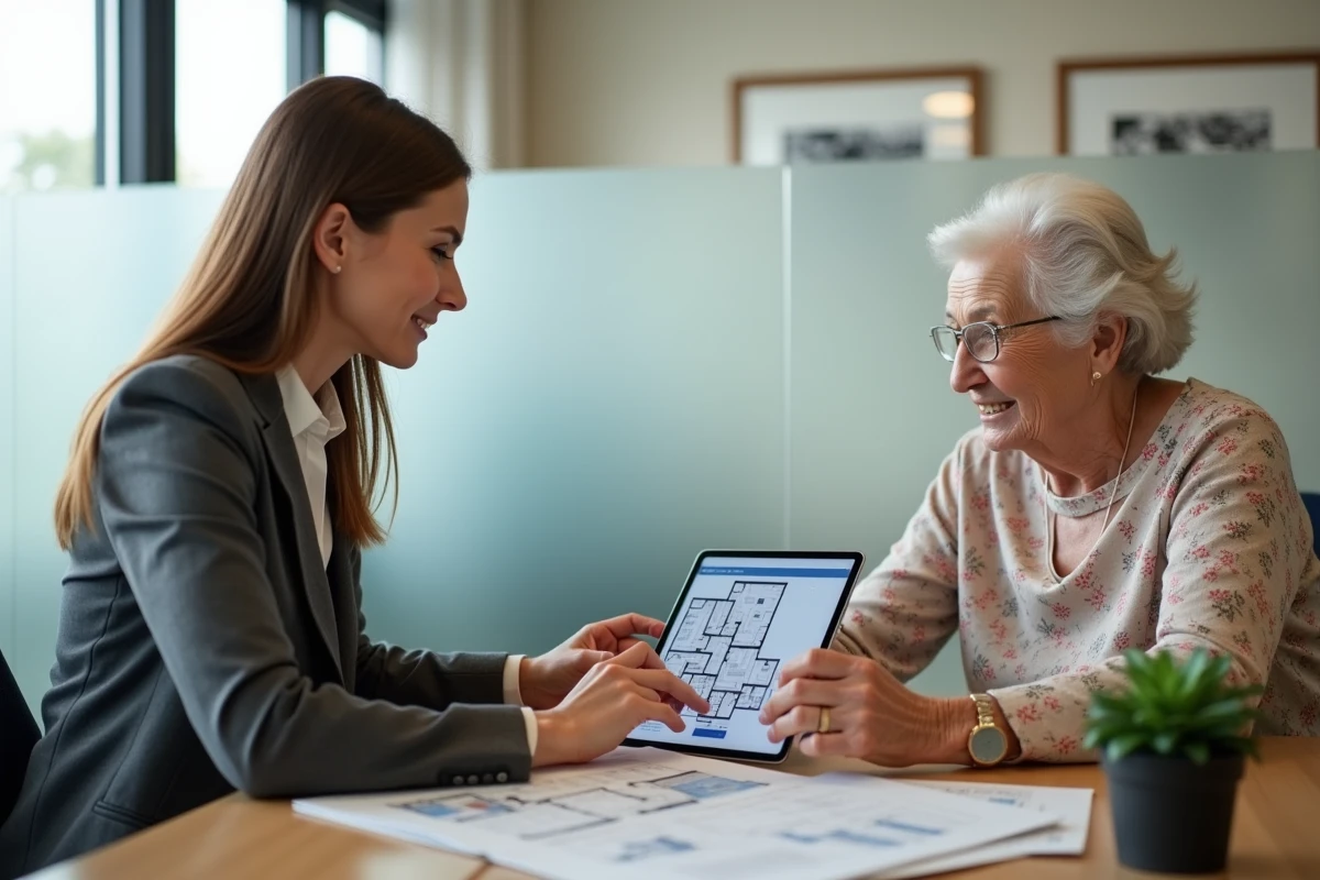 Conseillère immobilière présentant un investissement en résidence senior à une cliente âgée