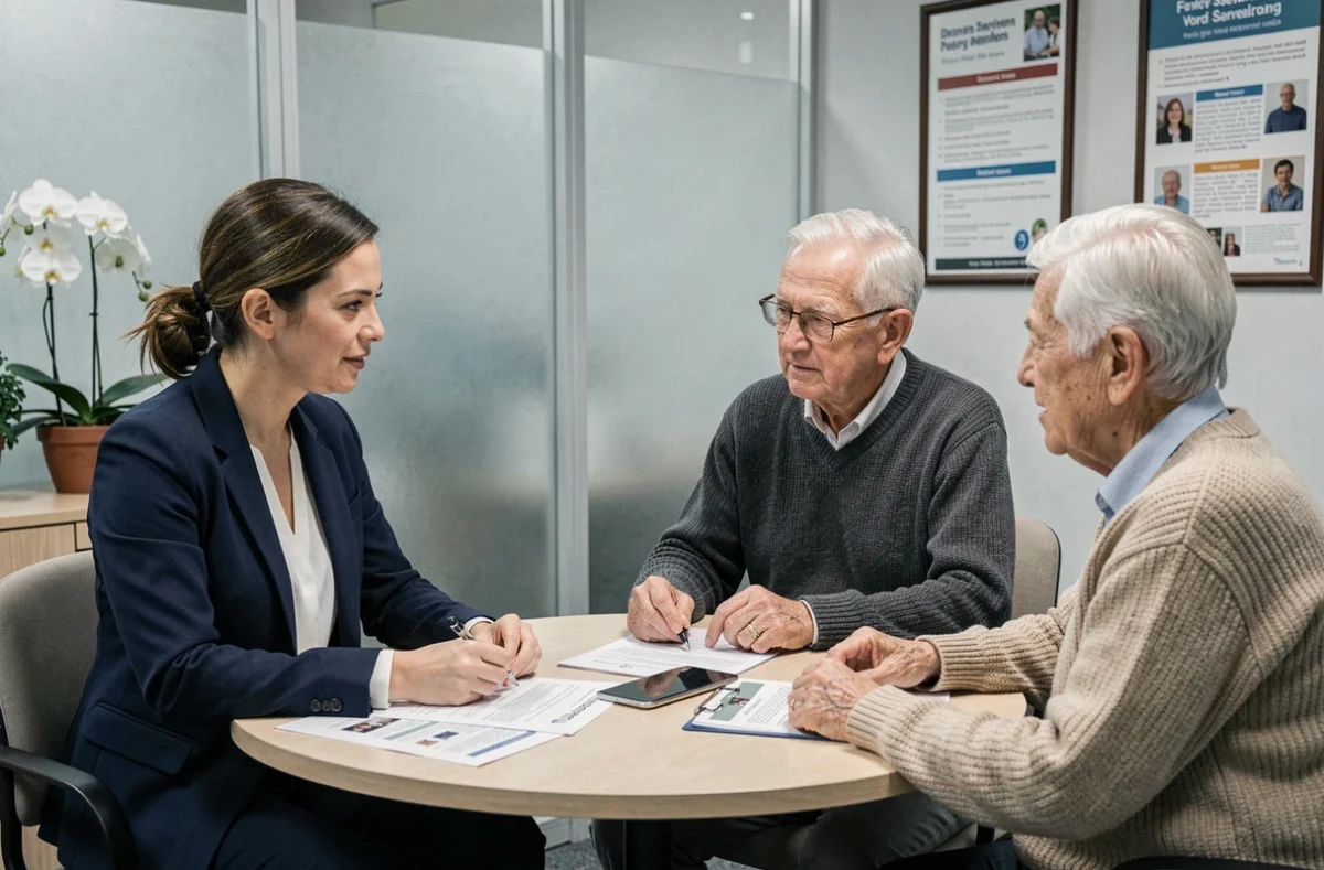 Une conseillère en services à domicile explique les tarifs et options de soins pour seniors à un couple âgé lors d'une consultation dans une agence spécialisée