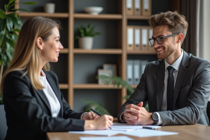 Femme d'affaires consulte un avocat jeune dans un bureau moderne