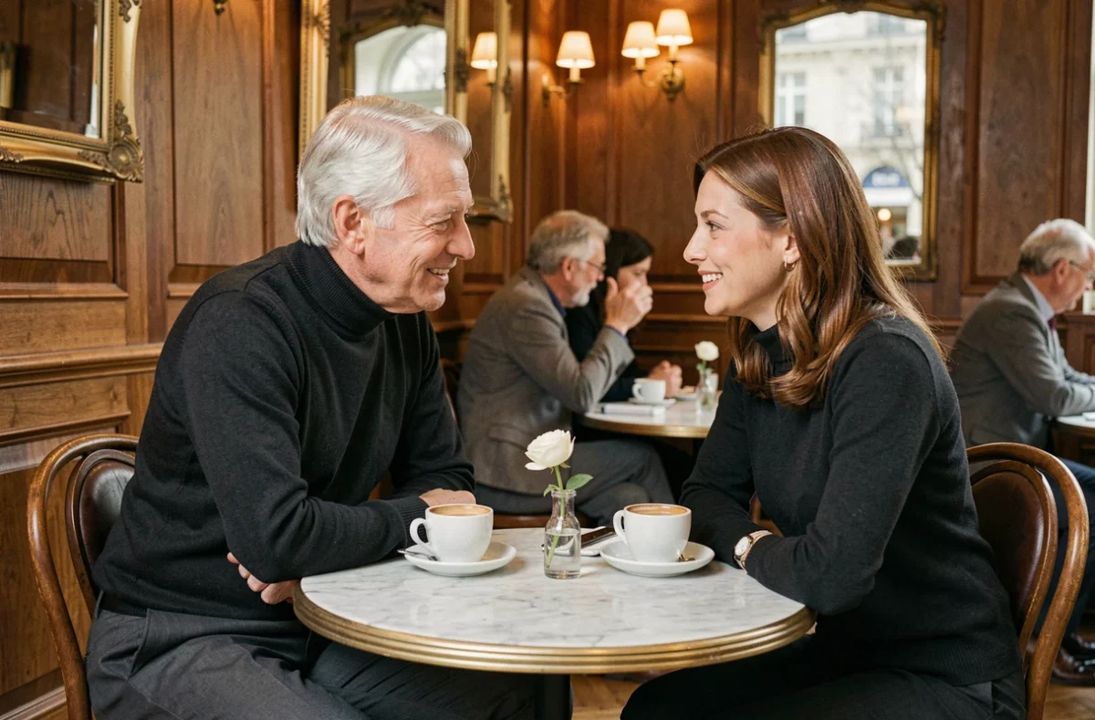 Couple mature en conversation intime dans un café parisien traditionnel, atmosphère chaleureuse et complice