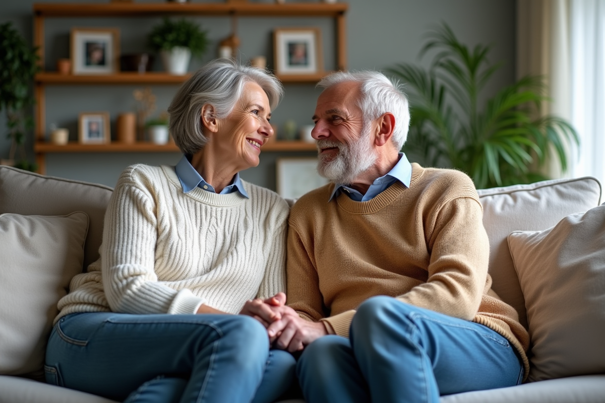 Couple d'âge moyen assis sur un canapé en toute simplicité