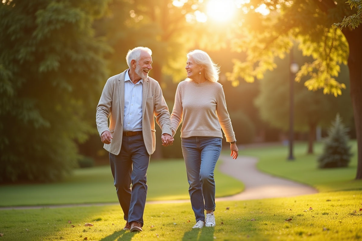 Couple de seniors souriants dans un parc ensoleille