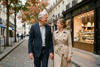 Couple élégant d'une soixantaine d'années se promenant sur un trottoir parisien en automne, ambiance romantique et discrète