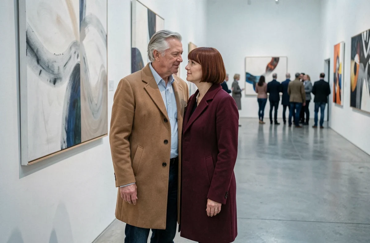 Couple élégant visitant une galerie d'art contemporaine, moment de complicité culturelle loin des projecteurs