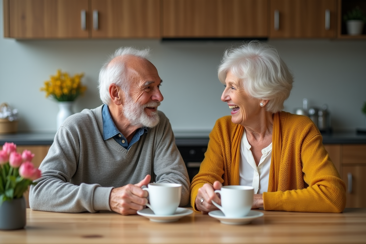 Couple retiree partageant un café dans une cuisine moderne