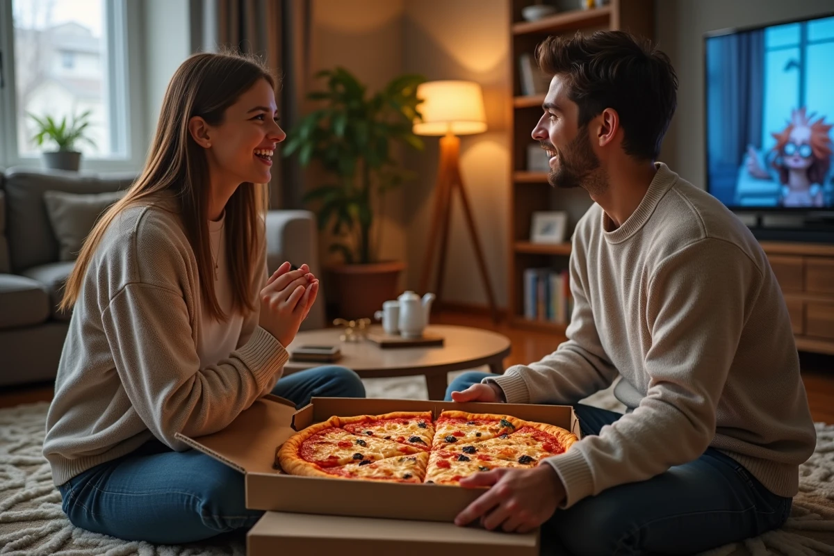 Couple de jeunes adultes partageant une grande pizza familiale dans leur salon lors d'une soirée cinéma à la maison