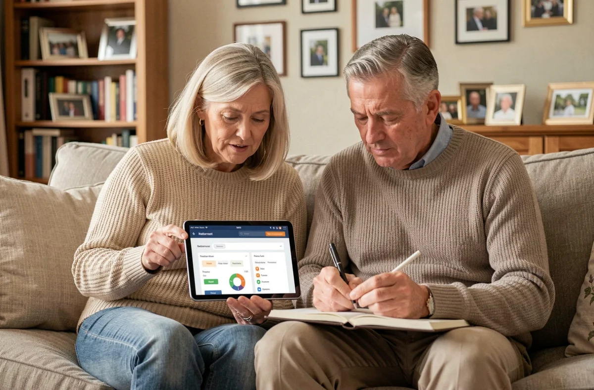 Couple de seniors planifiant leur retraite ensemble sur une tablette, cherchant à comprendre l'impact de la réforme sur leurs meilleures années et leur salaire moyen