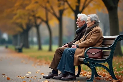 Couple retraité dans un parc urbain en automne