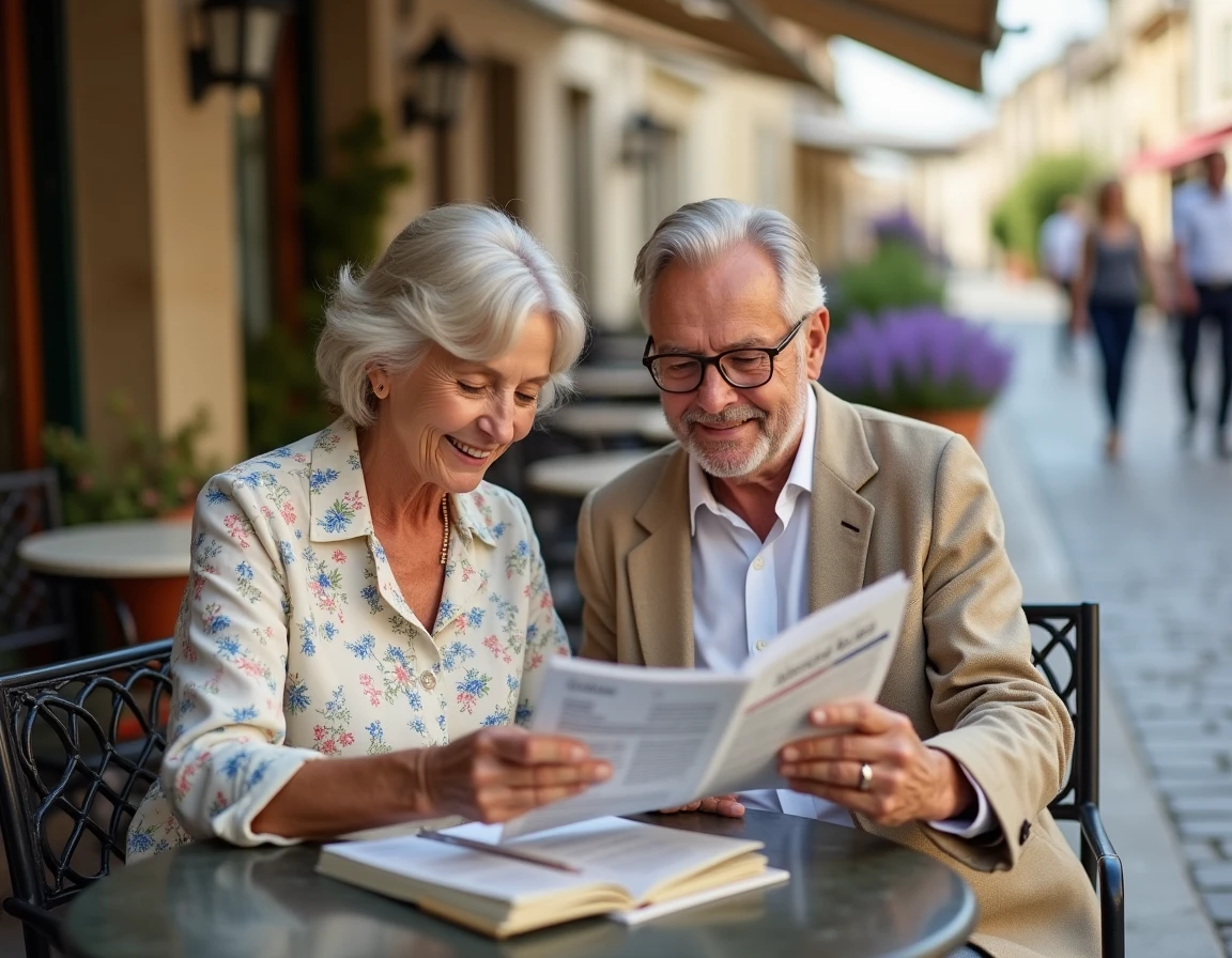 Couple de retraités consultant un guide des avantages loisirs et réductions seniors en terrasse de café