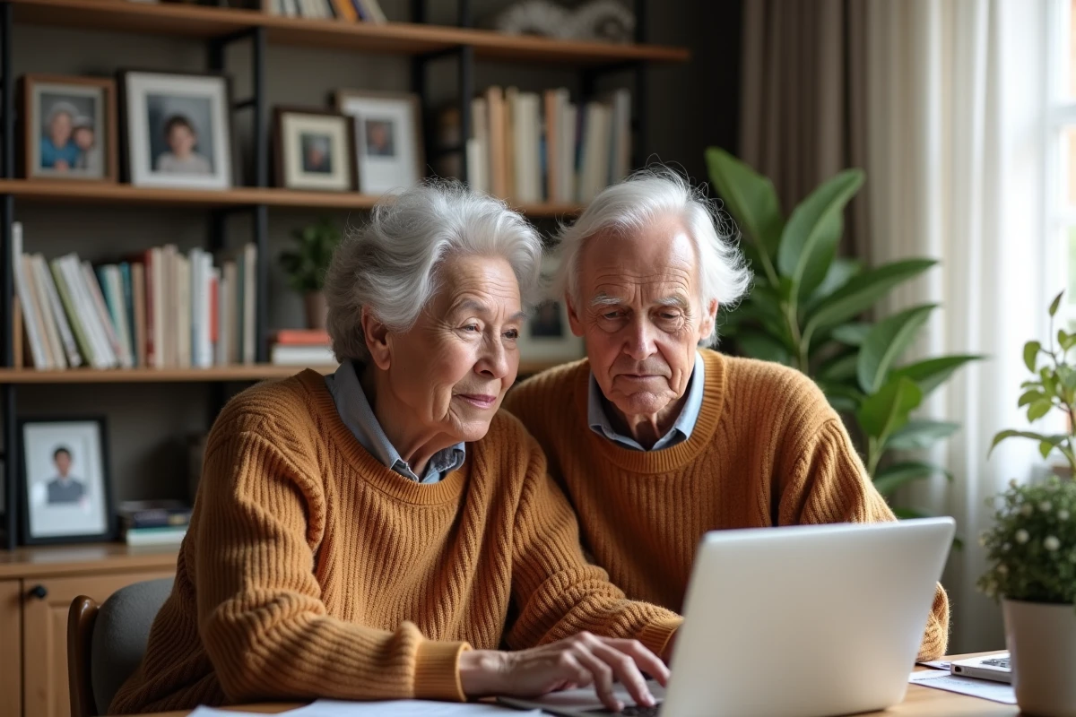 Couple de retraités consultant des informations sur la revalorisation des pensions en ligne à domicile