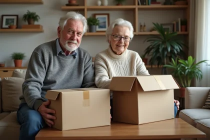 Couple retraité emballant des objets dans un salon chaleureux