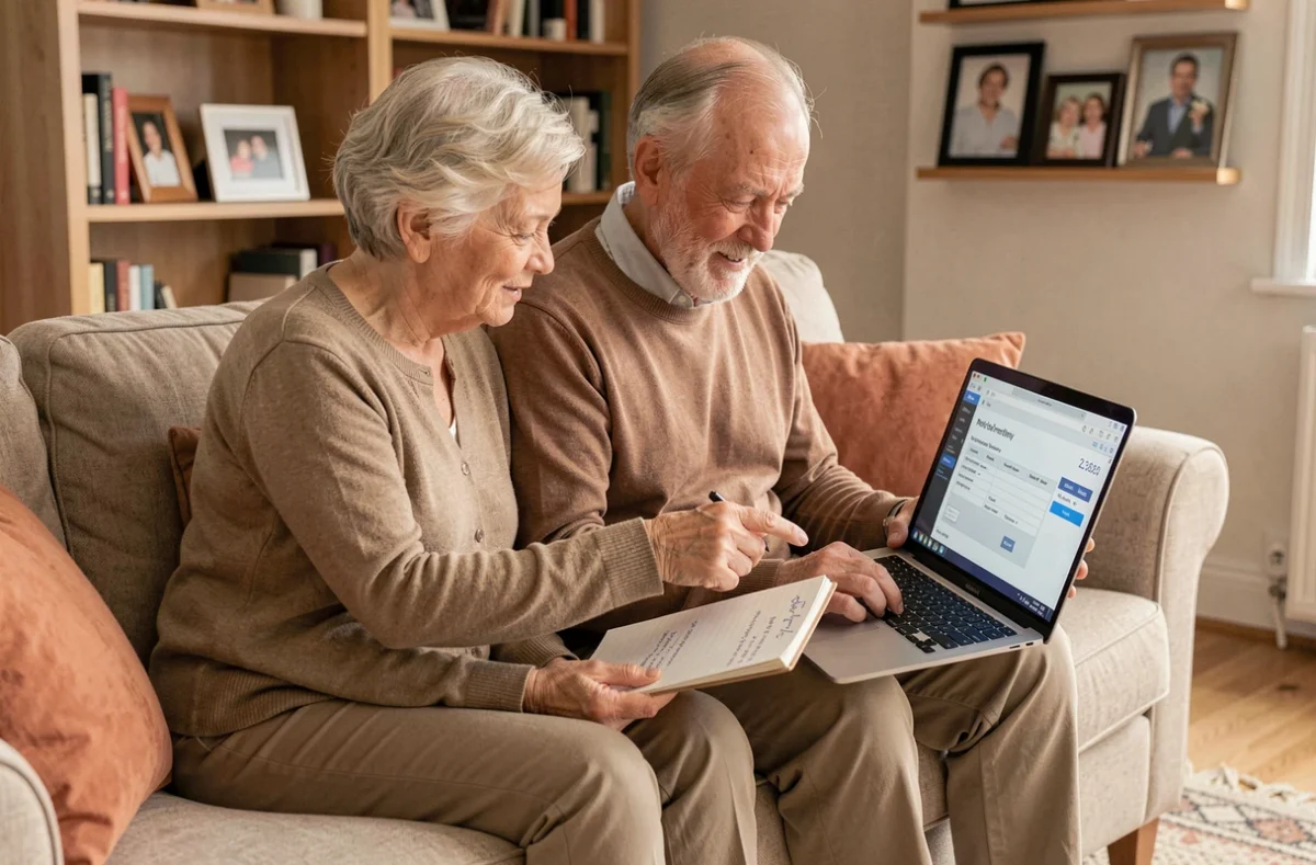 Couple de personnes âgées consultant ensemble un devis en ligne sur un ordinateur portable à domicile