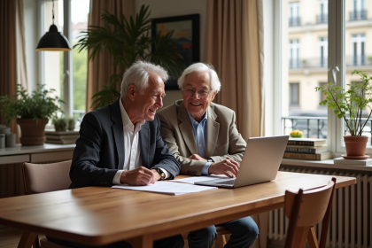 Couple senior élégant discutant finances dans un appartement parisien