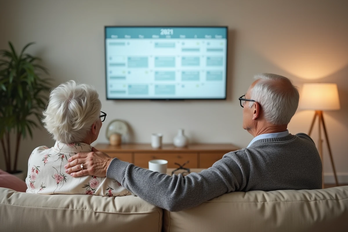 Couple de seniors regardant ensemble un calendrier électronique mural dans leur salon