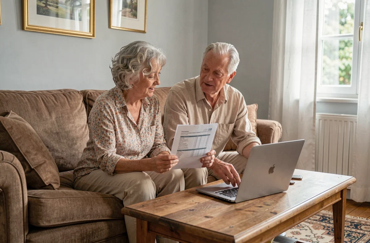 Couple de seniors consultant ensemble un devis assurance Gestea Senior sur ordinateur et document imprimé dans leur salon