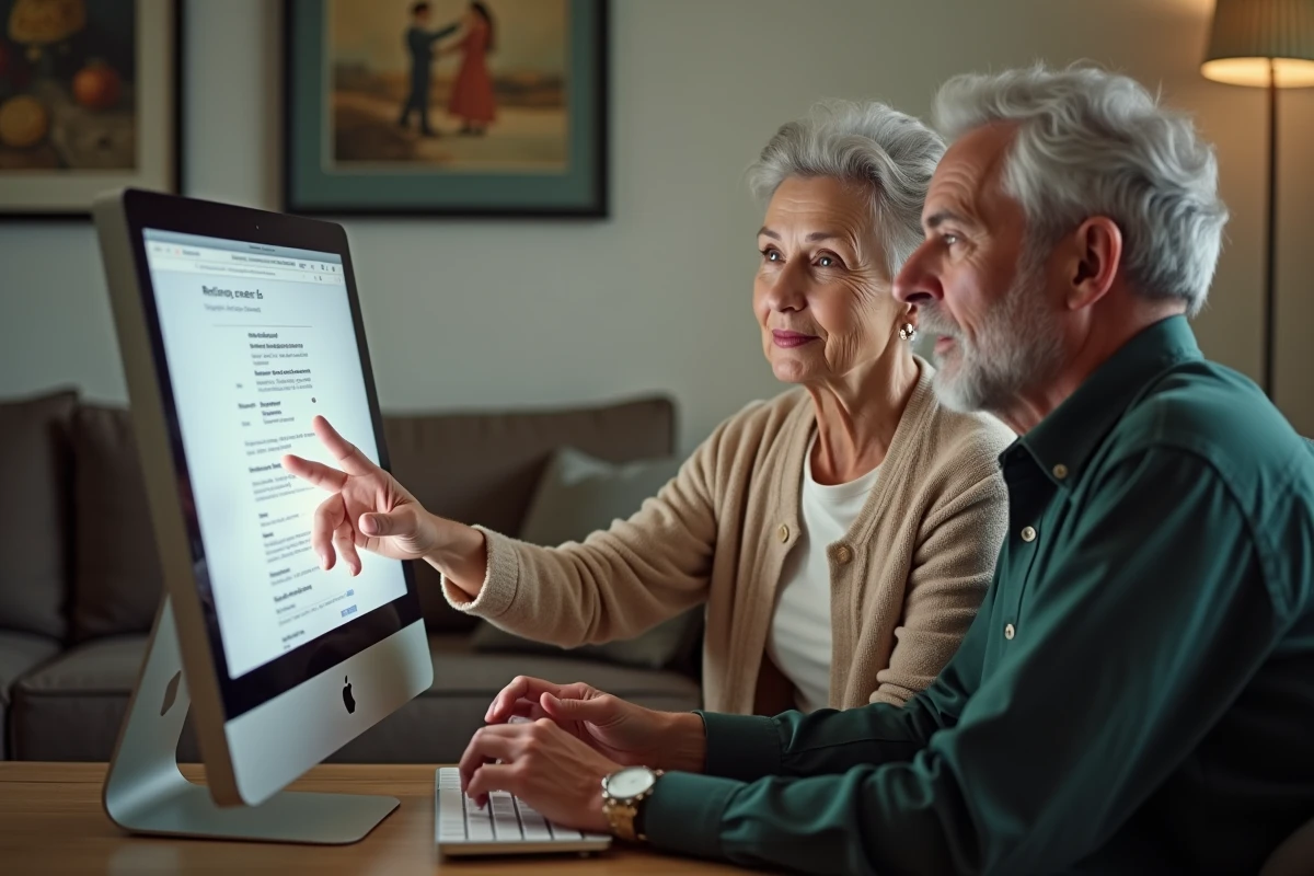 Couple de seniors consultant ensemble leur compte retraite Agirc-Arrco sur ordinateur de bureau à domicile