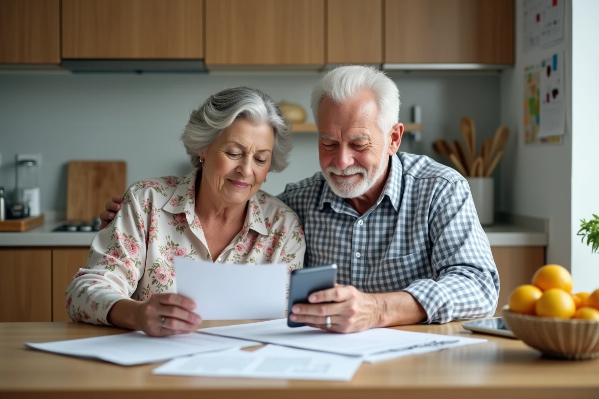 Couple de seniors consultant des documents et un smartphone à la cuisine, représentant la sérénité et l'accompagnement dans la gestion du quotidien