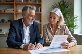 Couple de seniors étudiant des documents d'investissement immobilier dans une résidence senior Domitys